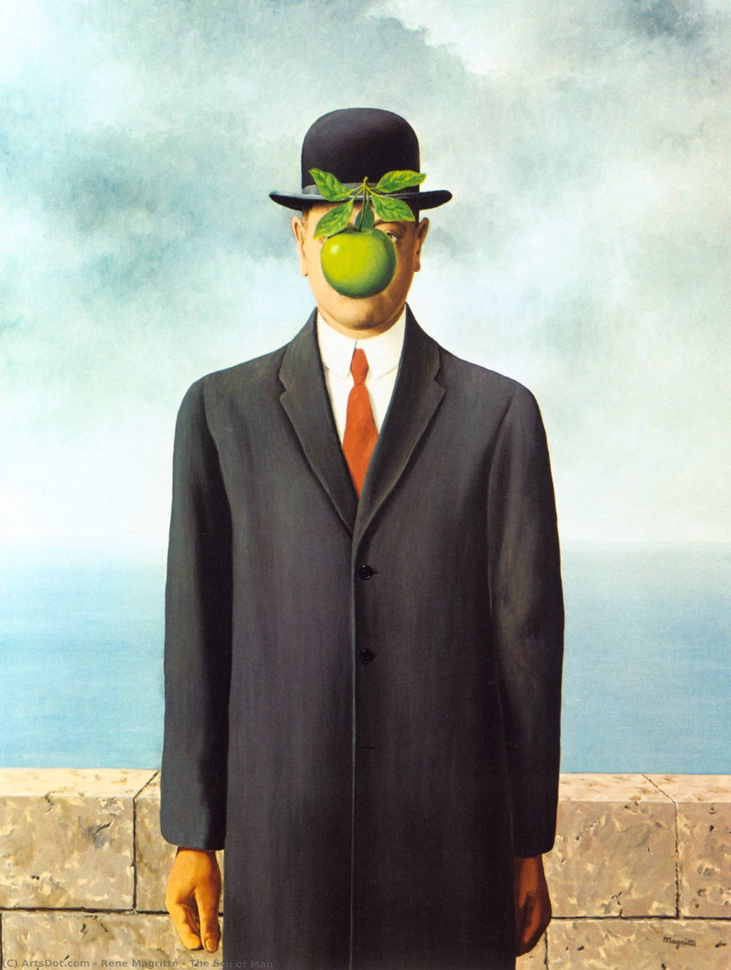 Man with a apple head in a suit and bowler hat against a blue sky.
