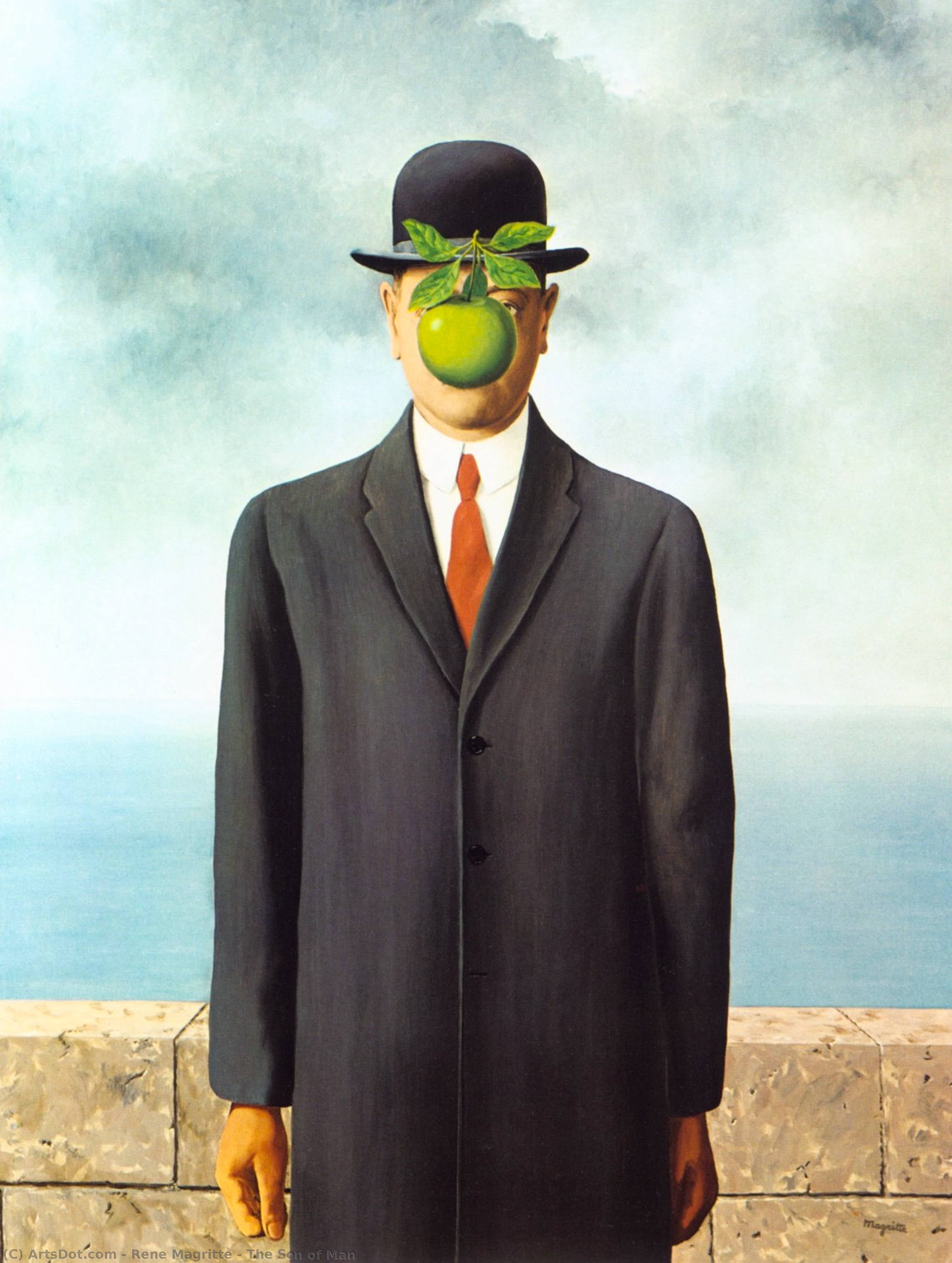 Man with a apple head in a suit and bowler hat against a blue sky.