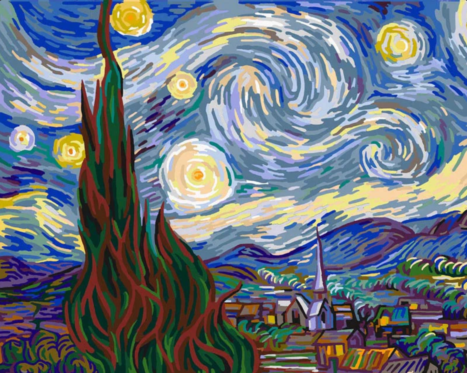 Starry Night painting by Vincent van Gogh with swirling night sky and village below.