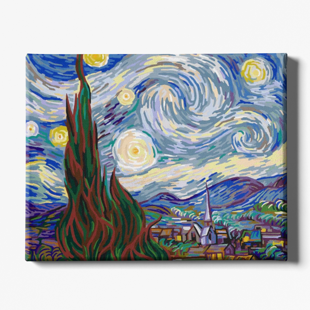 Replica of 'The Starry Night' by Vincent van Gogh on a canvas with a white background.