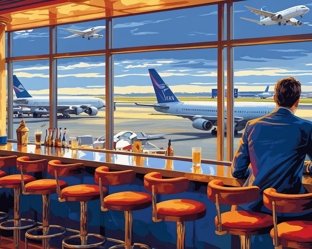 Man sitting at a bar with an airport view, showing airplanes and a clear sky.