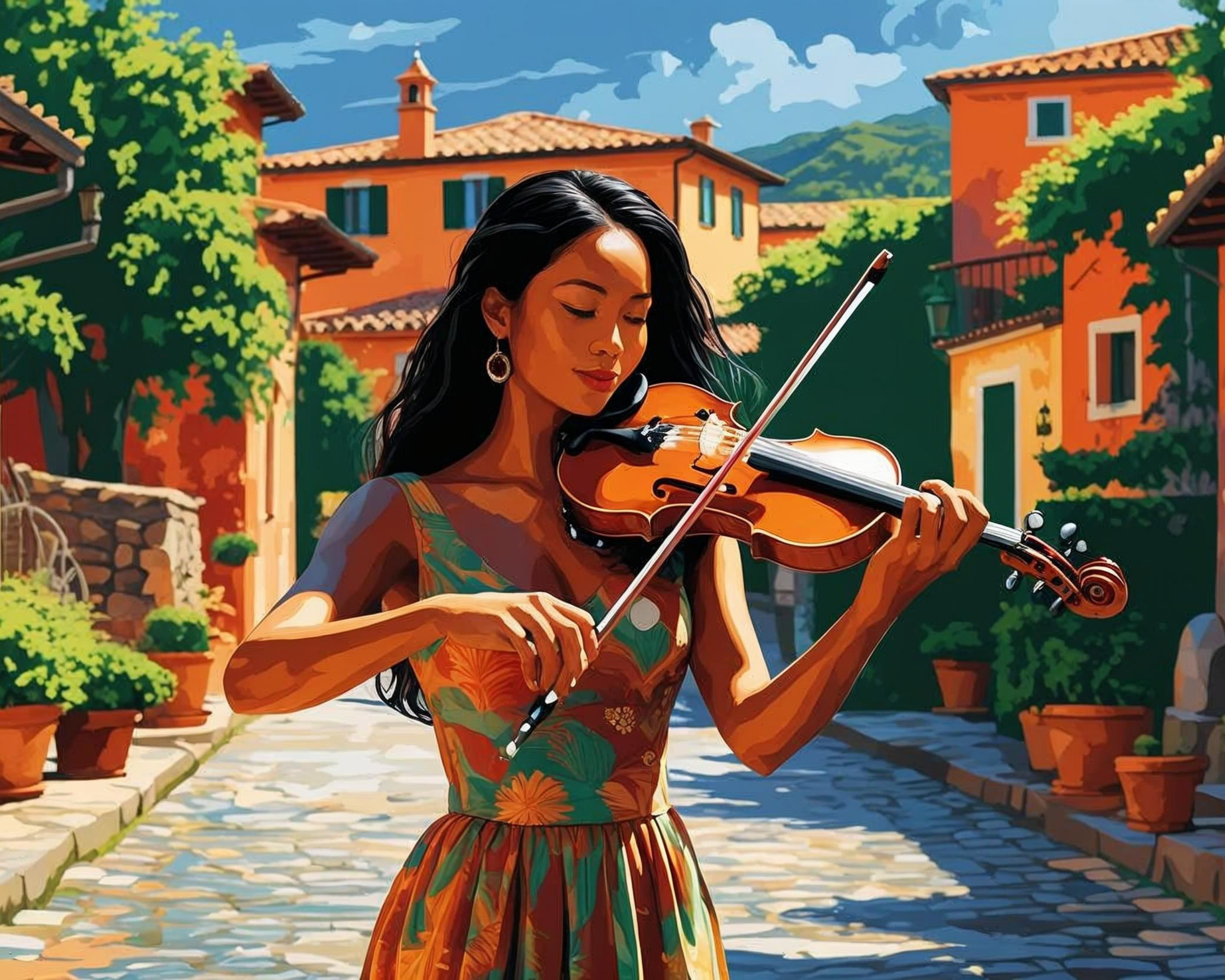 Woman playing violin in a picturesque Italian village setting