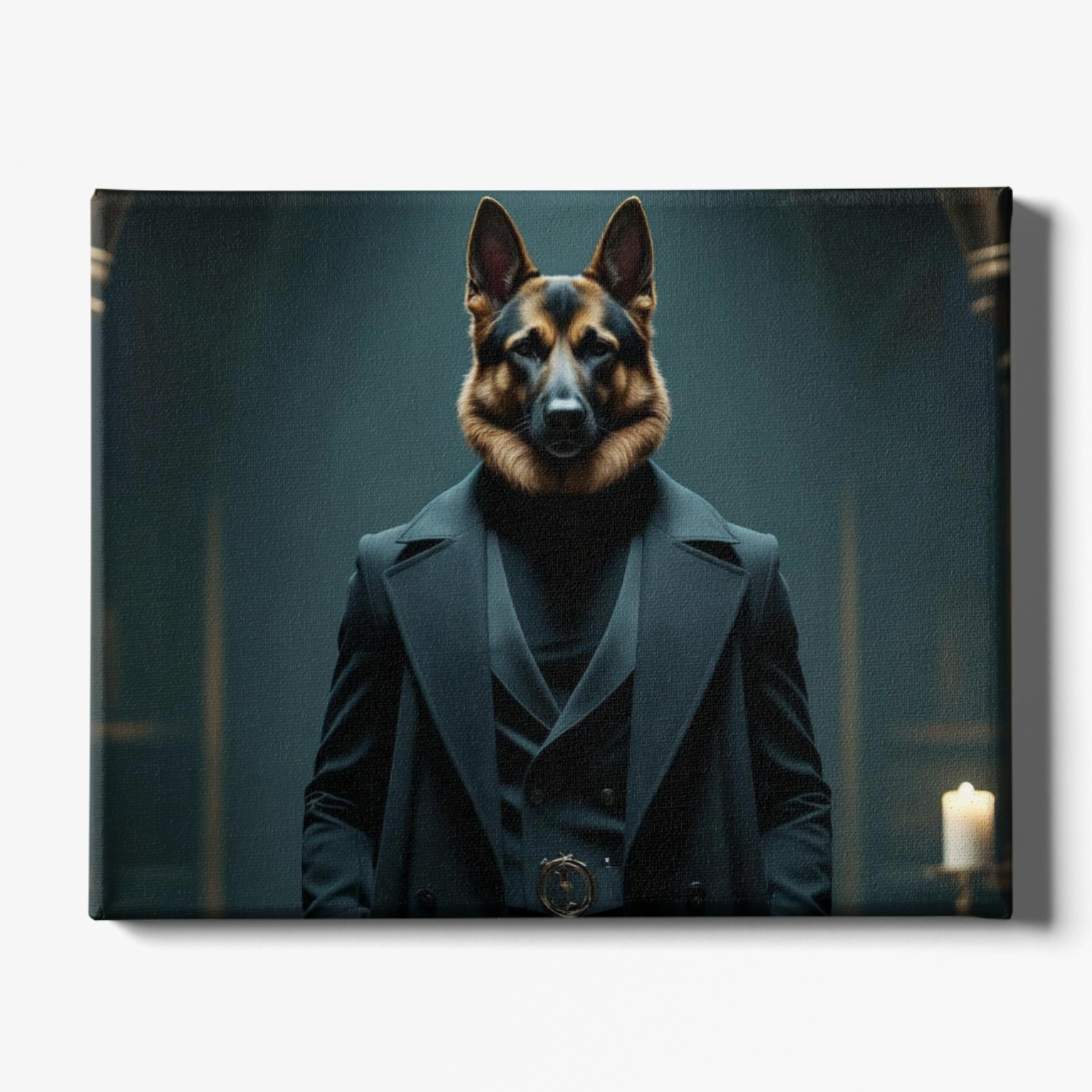 Dog in a suit with a dark background