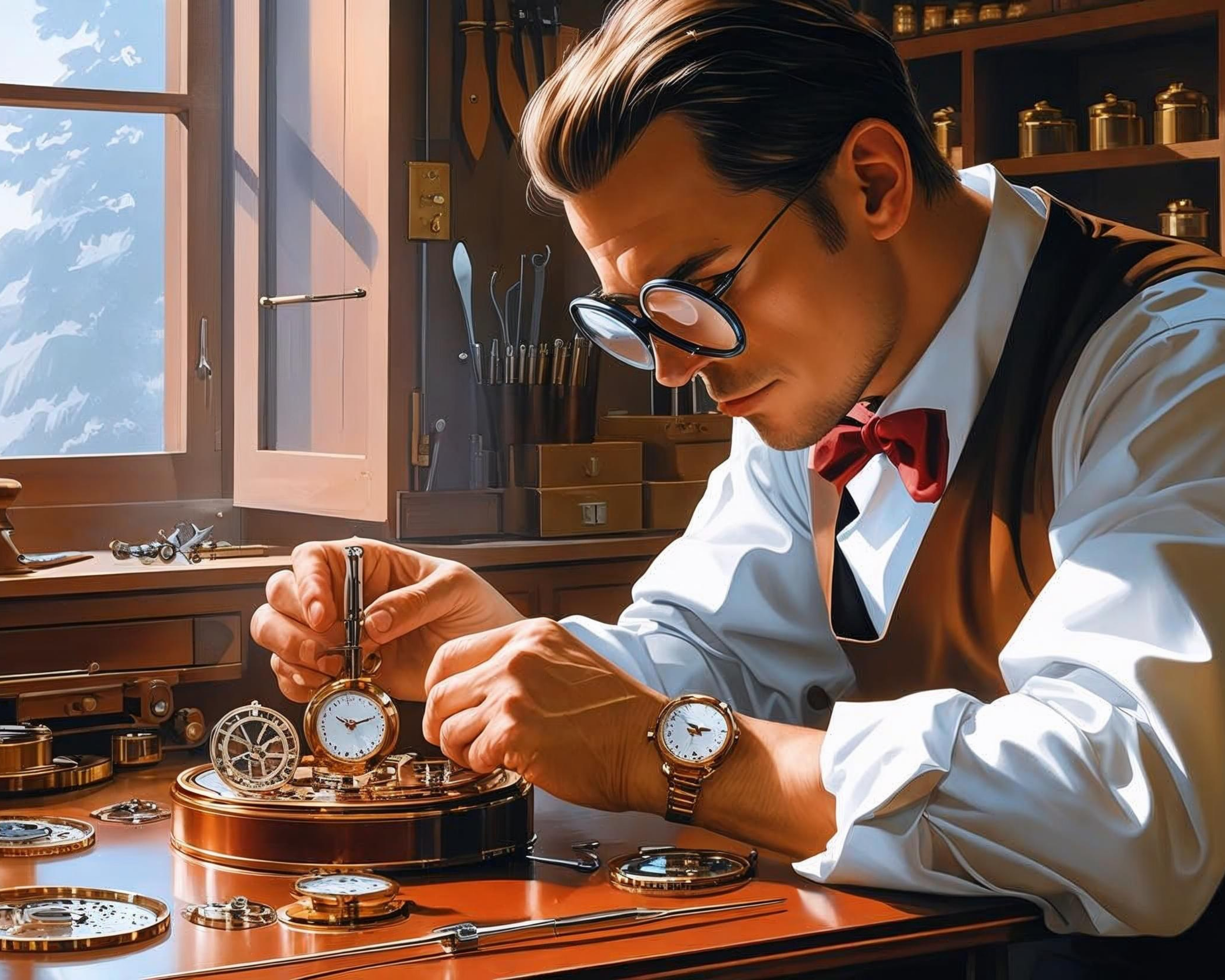 Man in a workshop examining a pocket watch with a window in the background