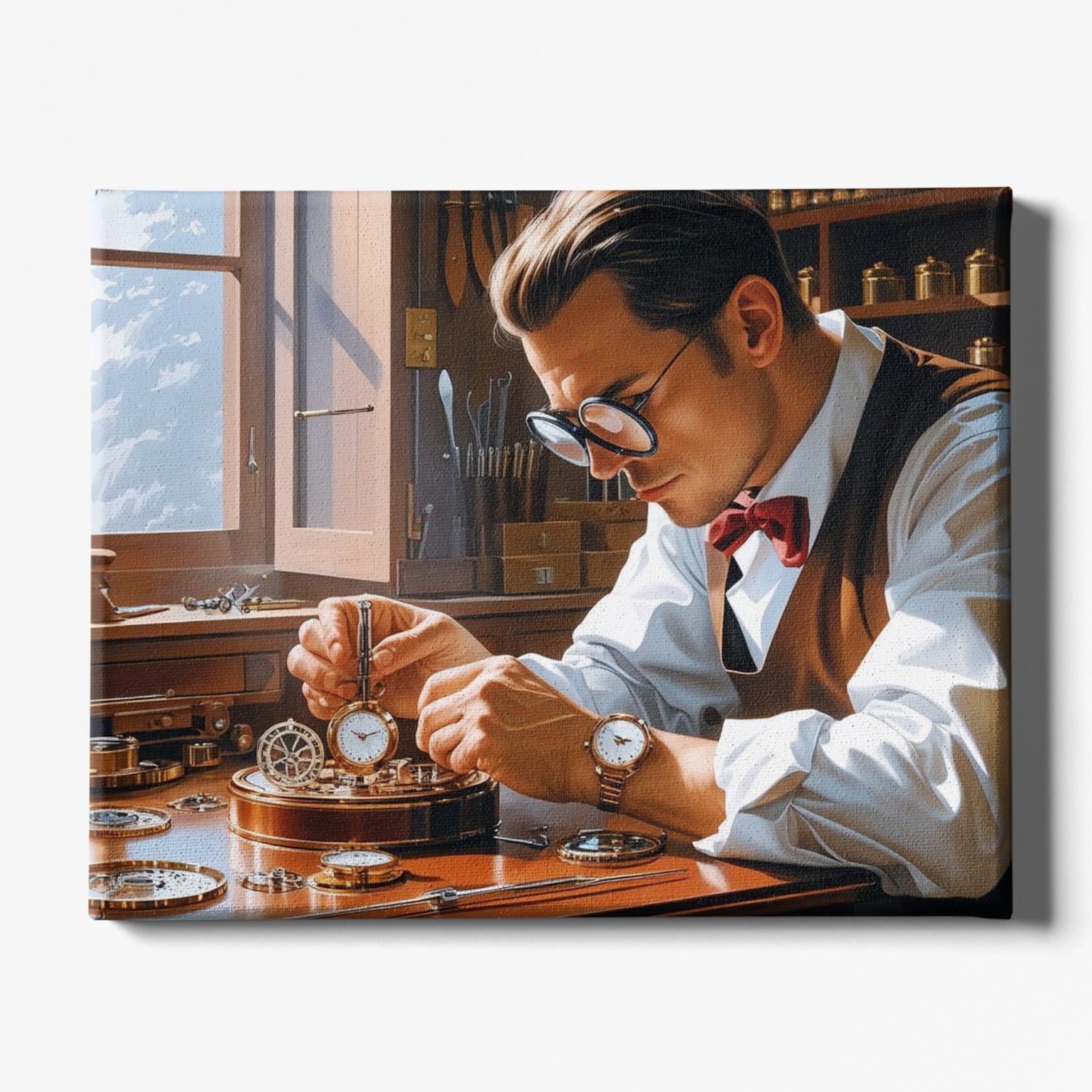 Man working on a watch in a workshop with tools and shelves in the background