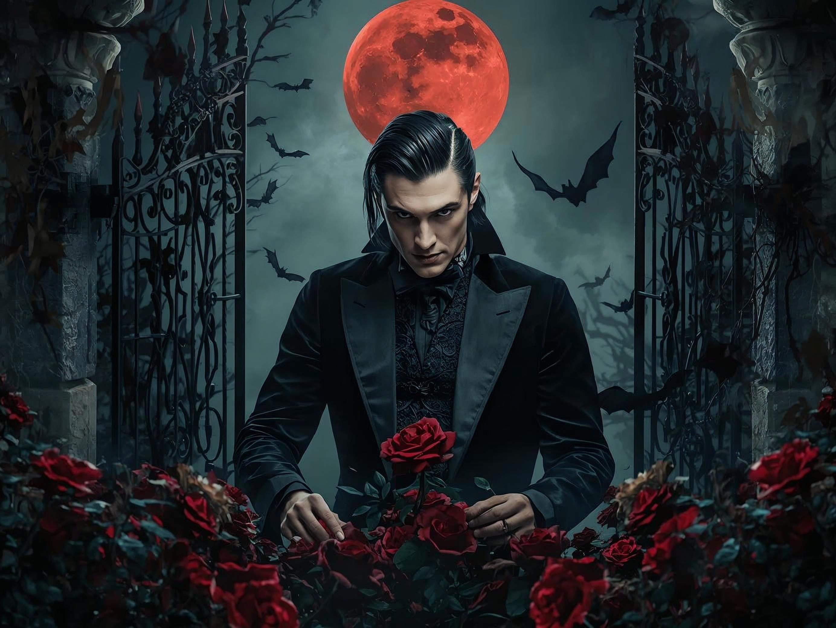 Man in dark clothing with red roses and a full moon in an eerie setting