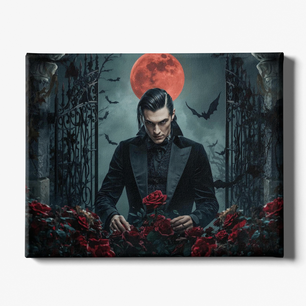 Man in a suit with red roses and a full moon in a dark, eerie setting