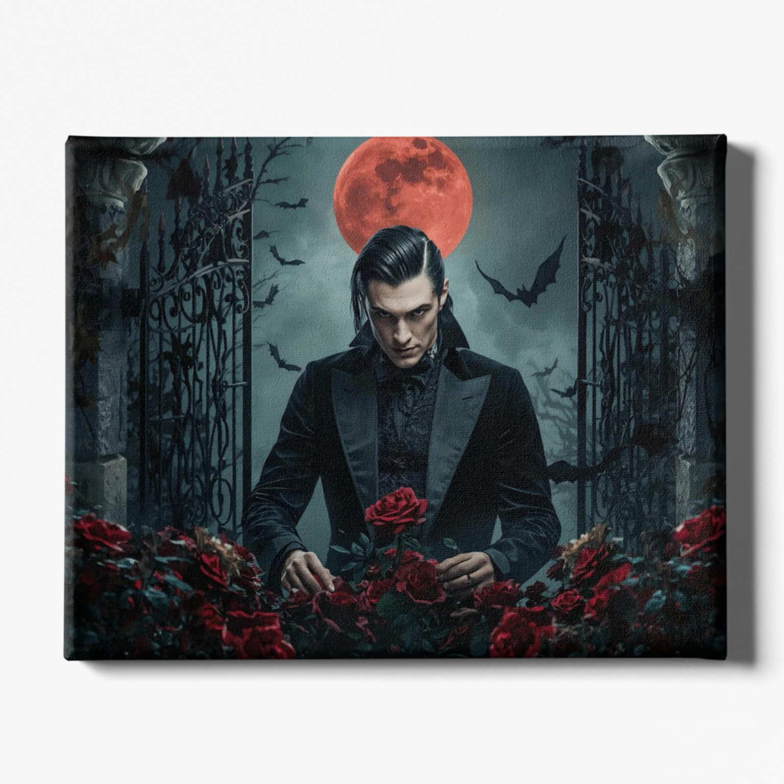 Man in a suit with red roses and a full moon in a dark, eerie setting