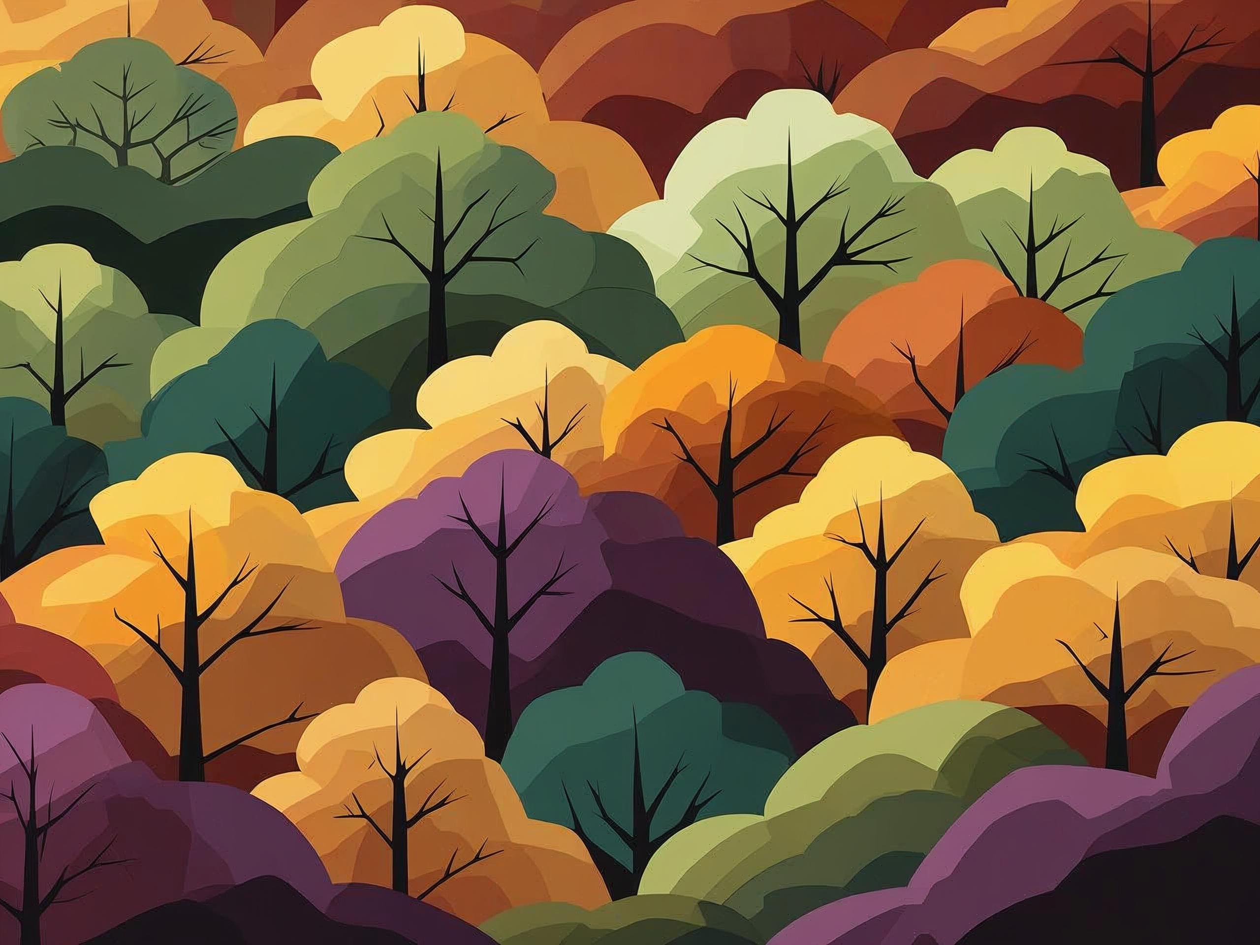 Colorful forest illustration with various tree shades.