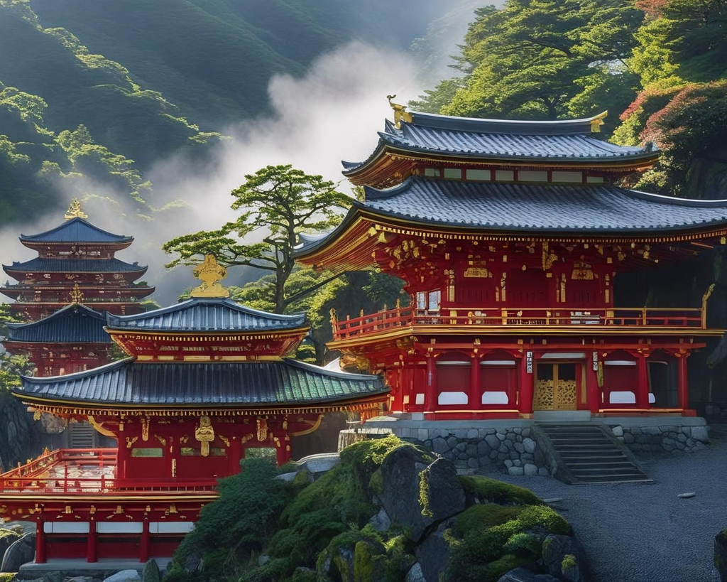 Traditional Japanese temple with red and blue architecture amidst green mountains and trees.
