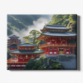 Traditional Japanese temple with red and blue architecture surrounded by greenery.