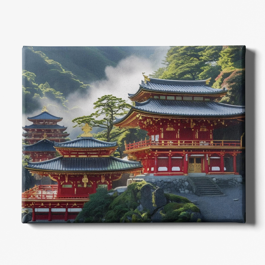 Traditional Japanese temple with red and blue architecture surrounded by greenery.