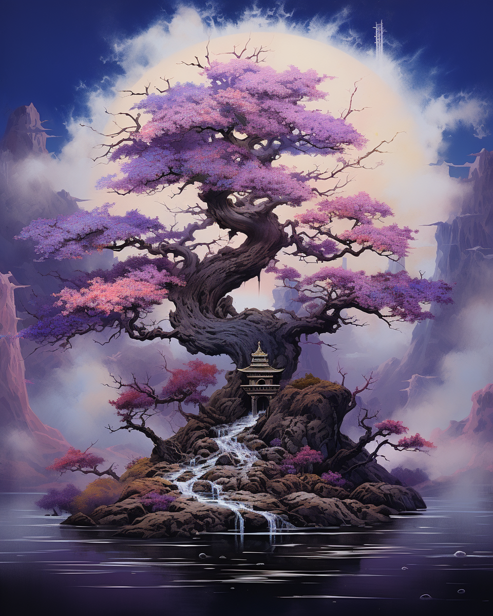 Fantasy landscape with a large tree, waterfall, and pagoda under a full moon.