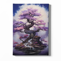 Canvas print of a fantasy landscape with a large tree, waterfall, and pagoda.