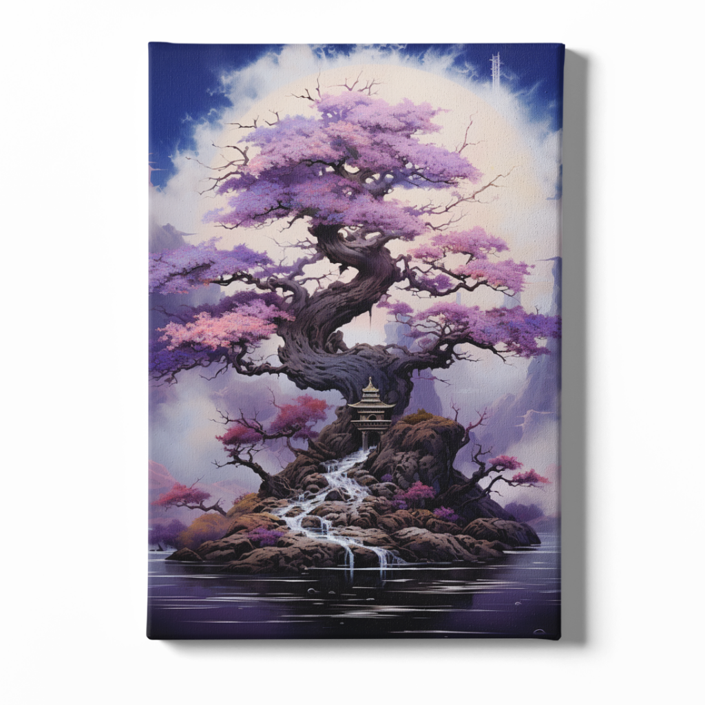 Canvas print of a fantasy landscape with a large tree, waterfall, and pagoda.