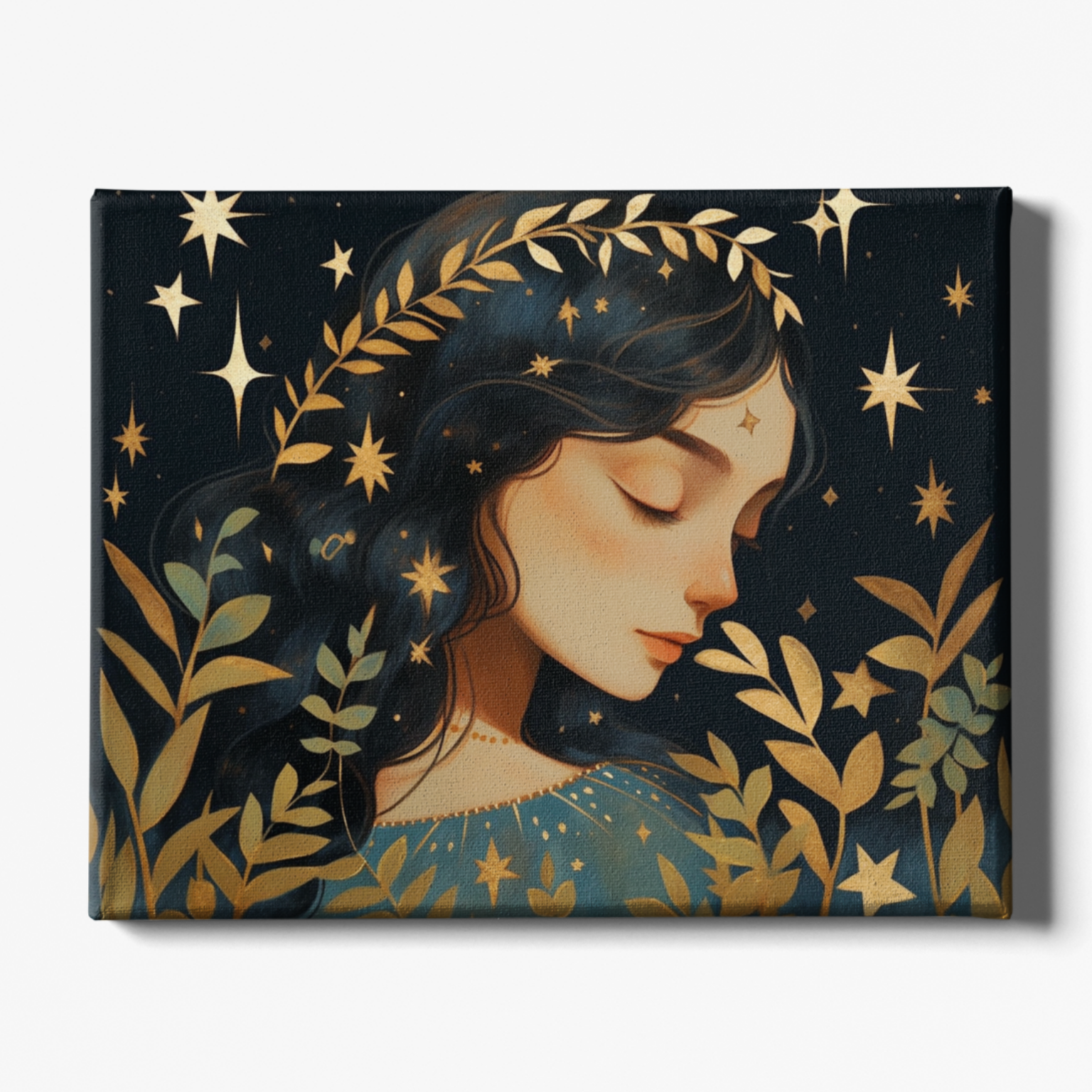 Canvas print with an artistic depiction of a woman's face surrounded by stars and leaves on a dark background.