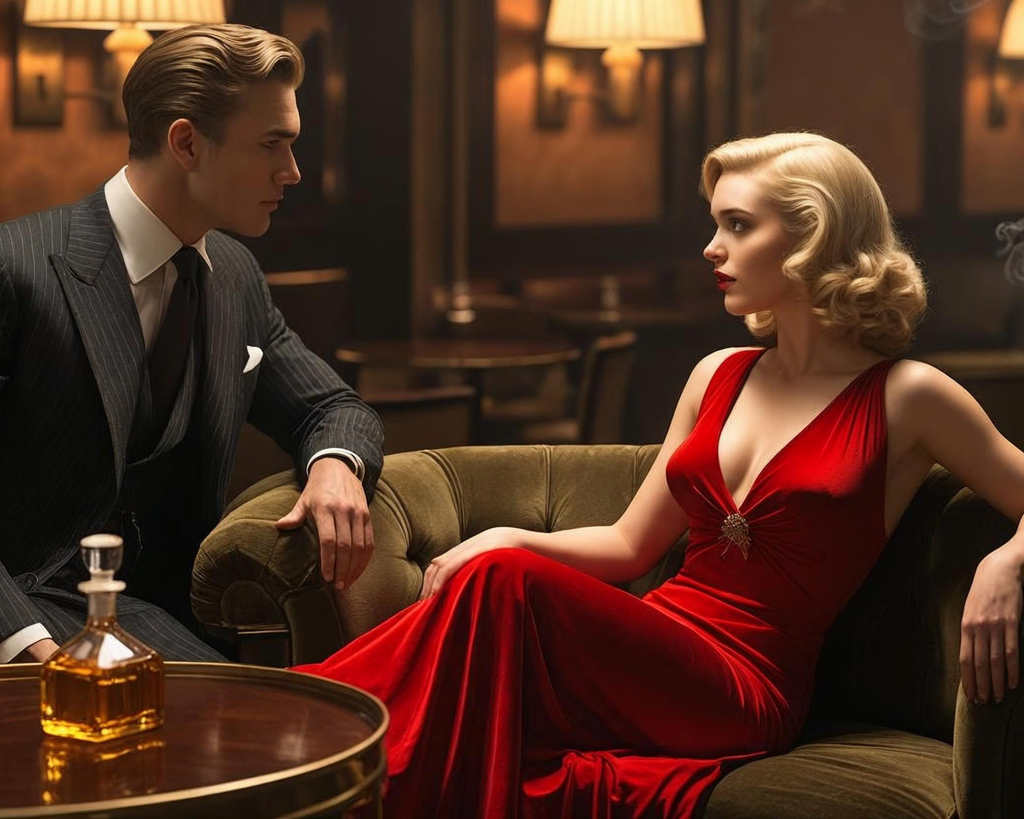 Man and woman in formal attire in a vintage-style room with a table and lamp.