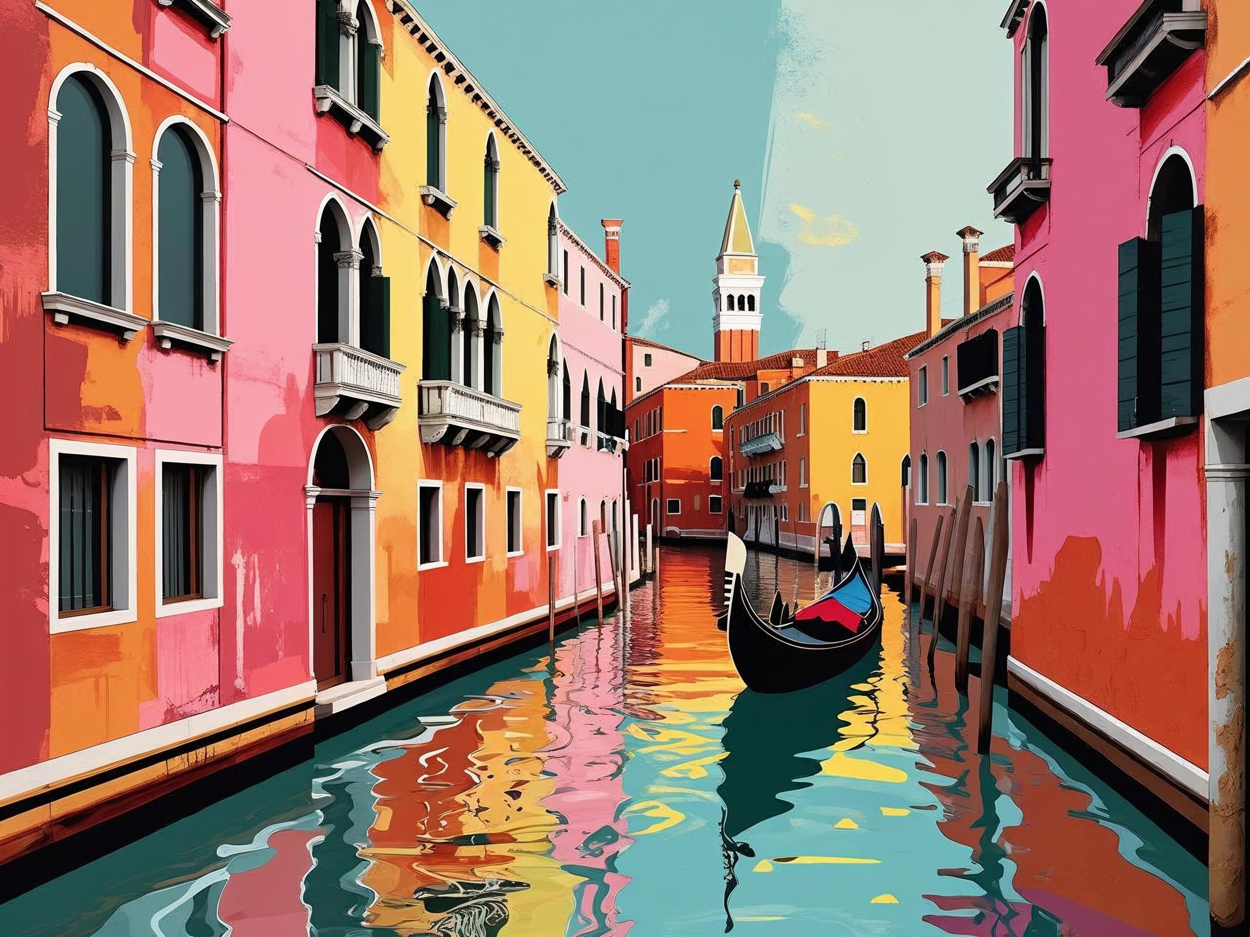 Colorful canal scene with gondola and buildings in Venice