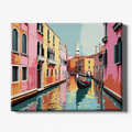 Colorful painting of a Venetian canal with gondolas and buildings.