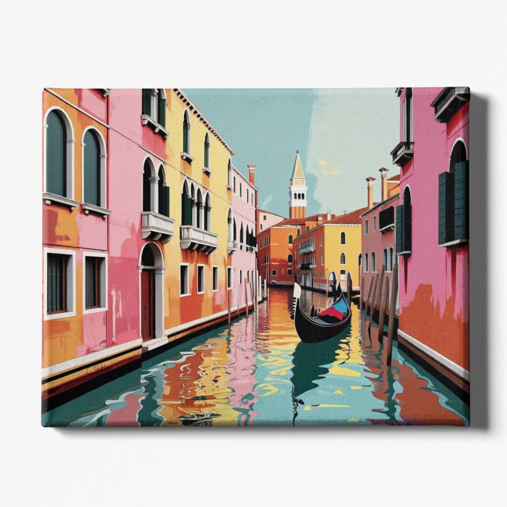 Colorful painting of a Venetian canal with gondolas and buildings.