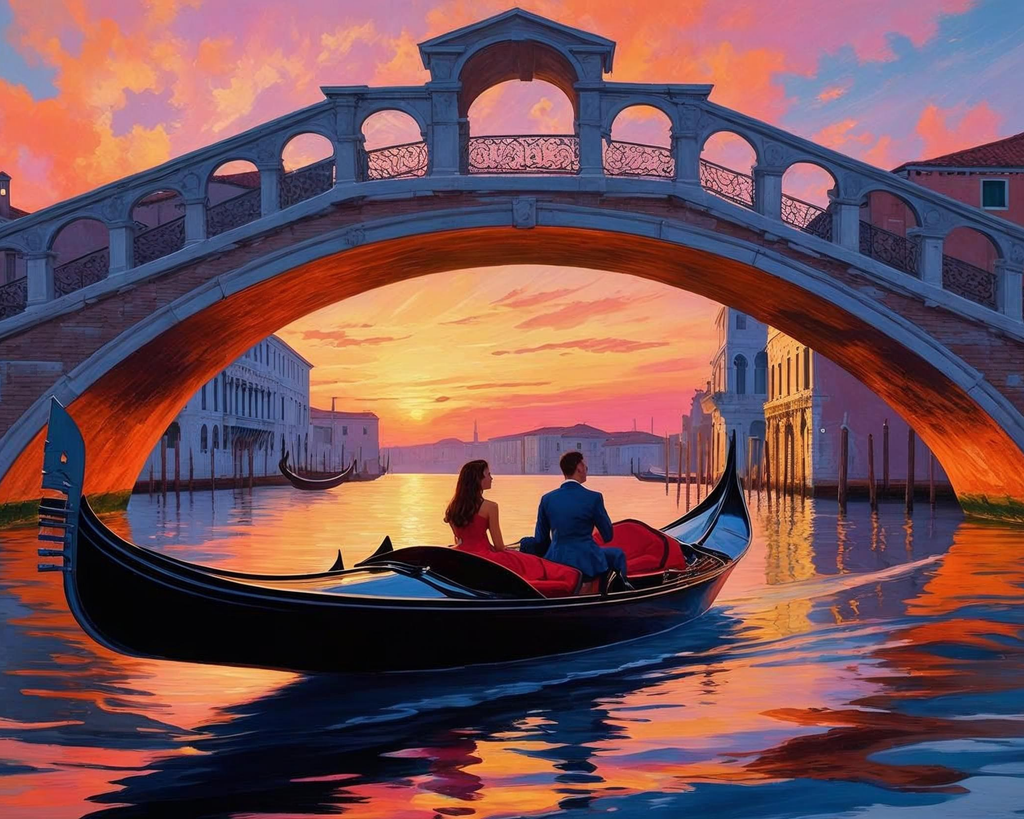 Gondola with a couple at sunset under a bridge in Venice