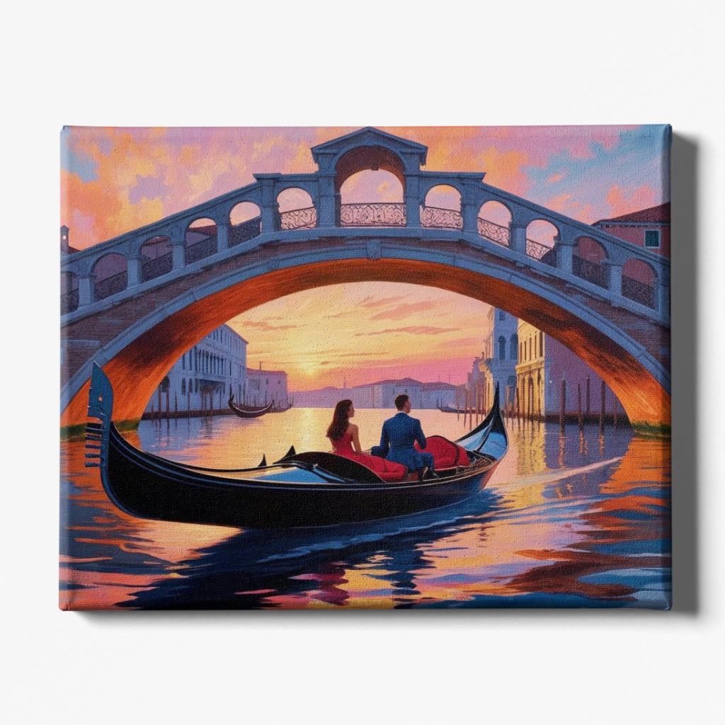 Canvas print of a romantic scene with a couple in a gondola under a bridge at sunset.