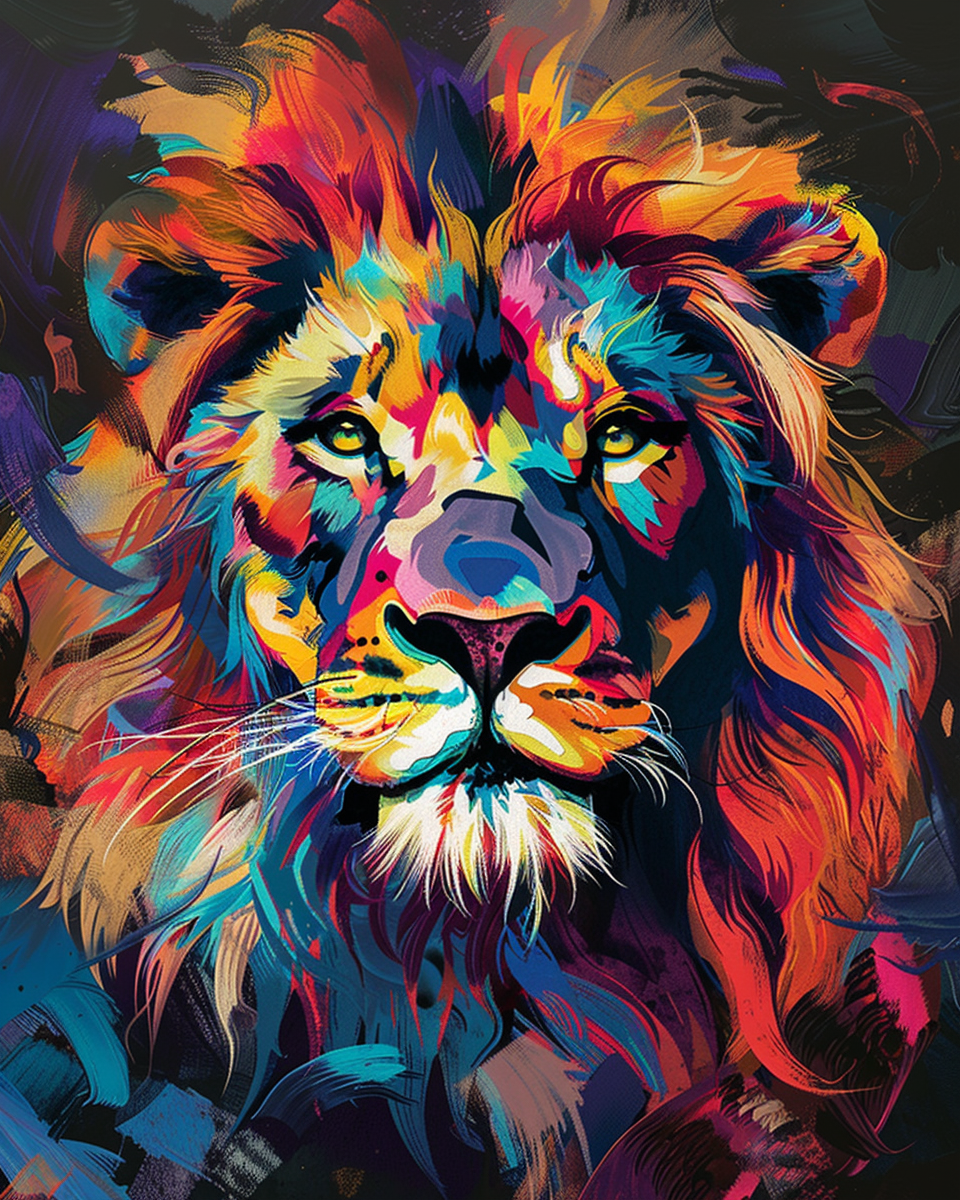 Colorful lion painting with a dark background