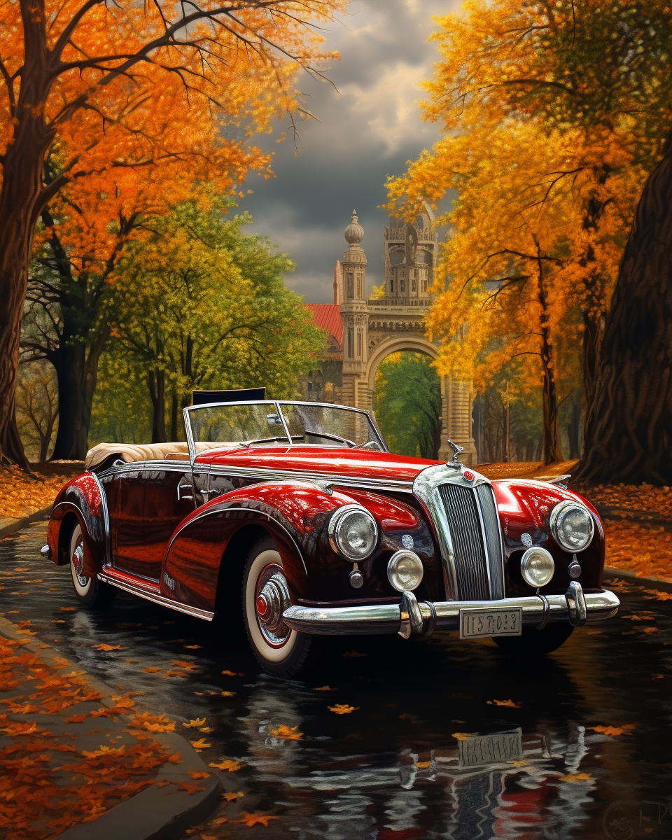 Vintage car on a road lined with trees with autumn foliage, with a castle-like building in the background.