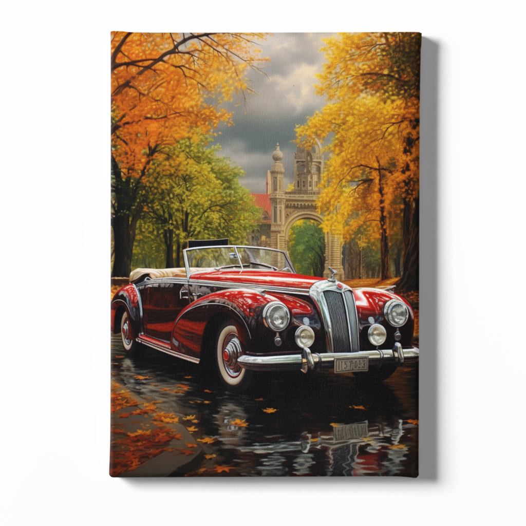 Vintage car on a scenic road with autumn trees and a castle-like building in the background