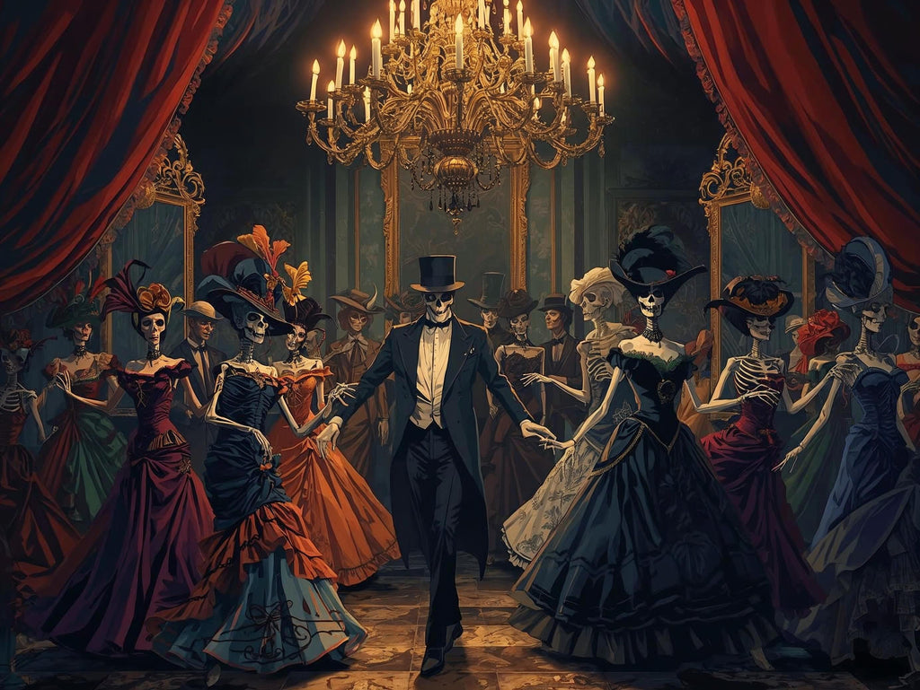 Mysterious masked ball scene with elegantly dressed figures in a dimly lit room.