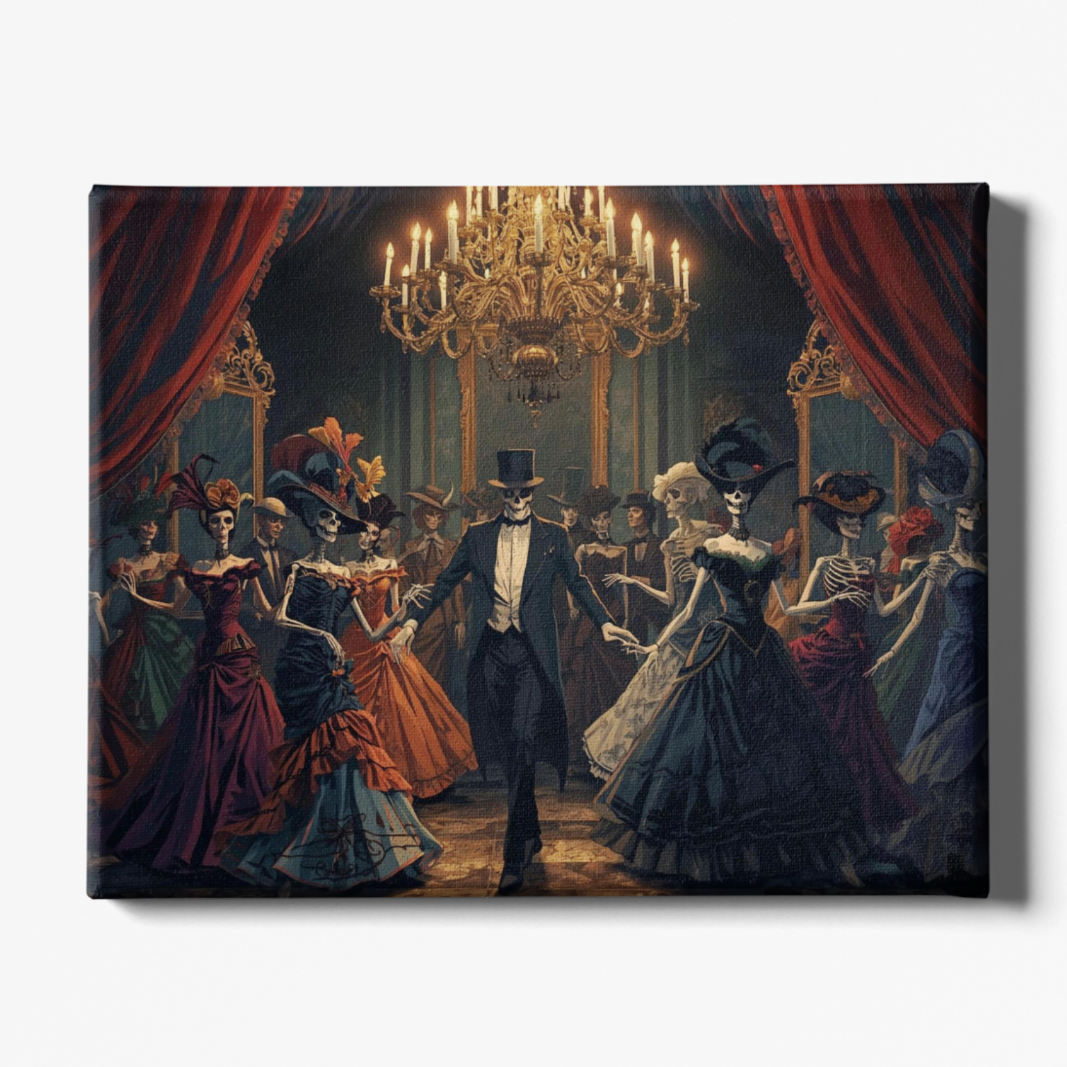 Canvas print of a gothic ballroom scene with skeletons in formal attire.