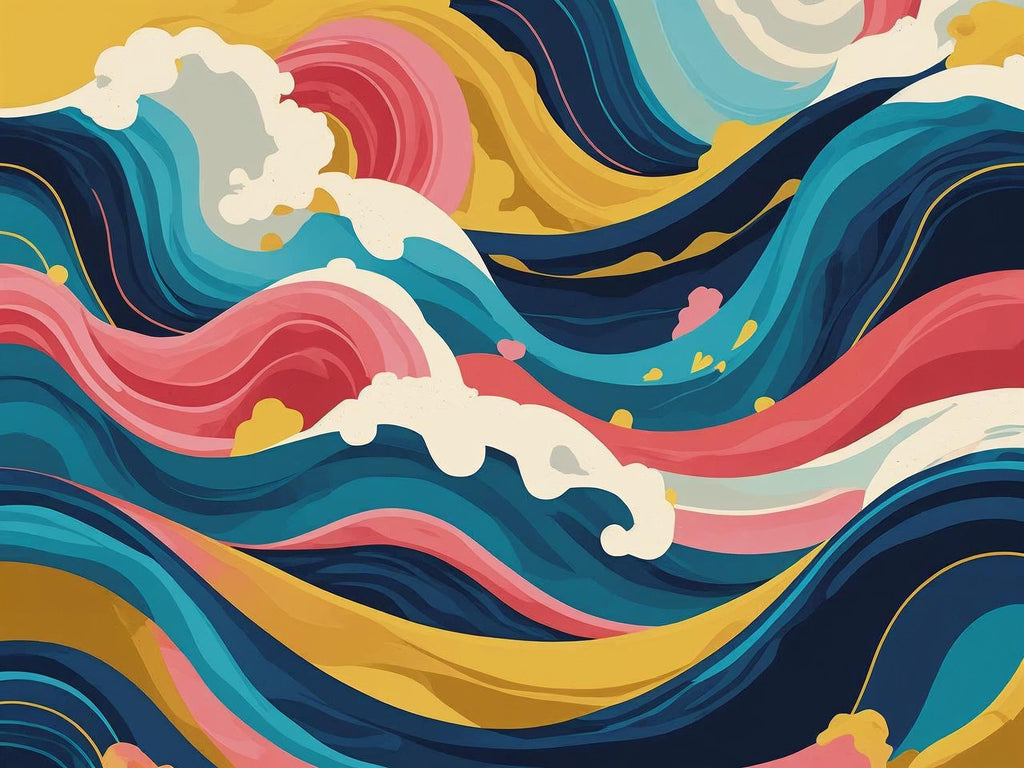 Colorful wave pattern with blue, pink, yellow, and white.