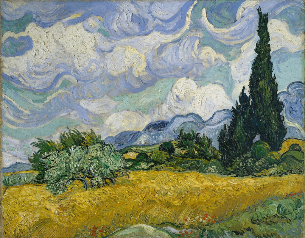Landscape with Cypress Tree by Vincent van Gogh, featuring a field, cypress tree, and dramatic sky.