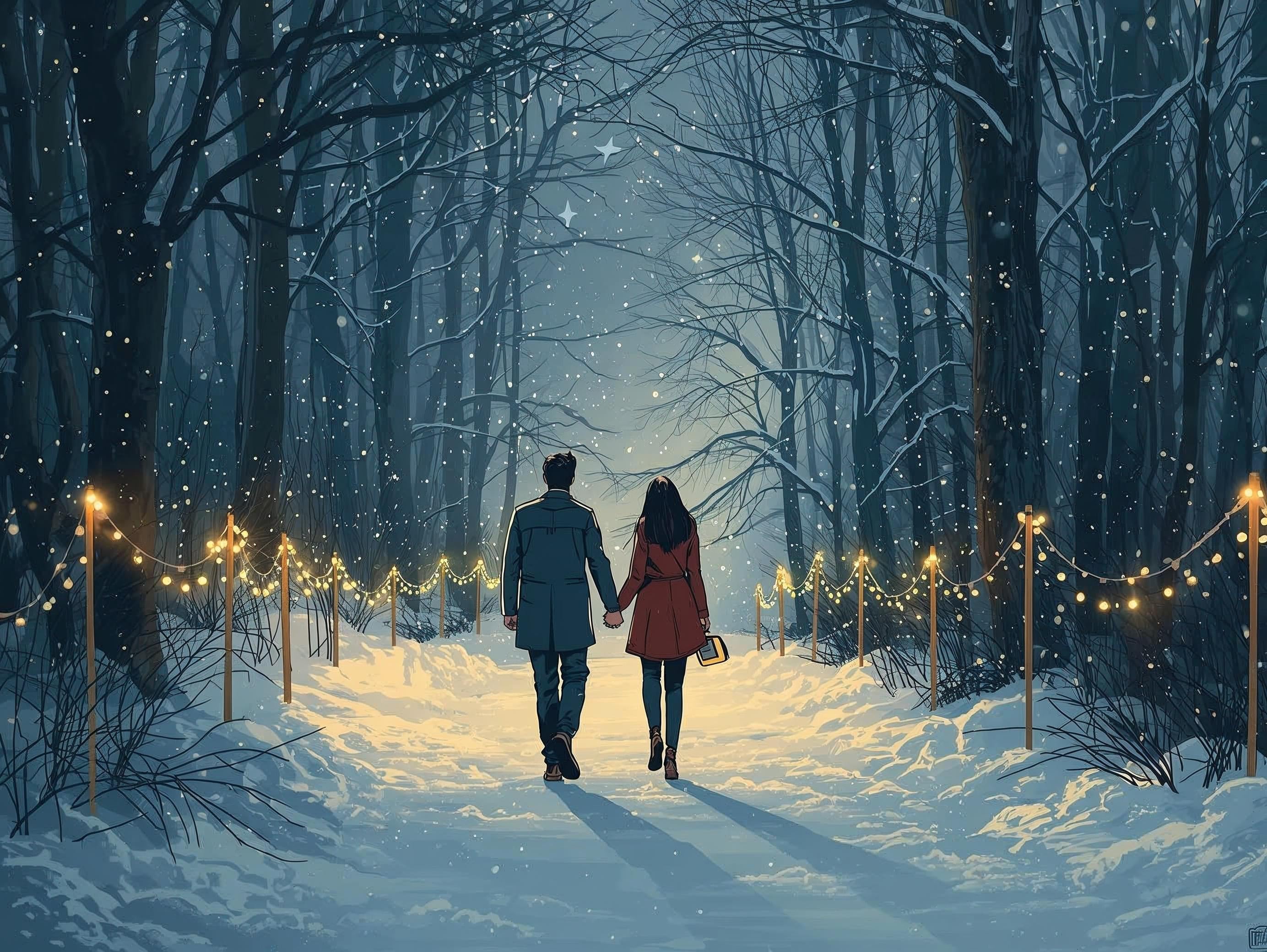 Two people walking hand in hand through a snowy forest illuminated by string lights.