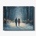 Couple walking through a snowy forest illuminated by string lights