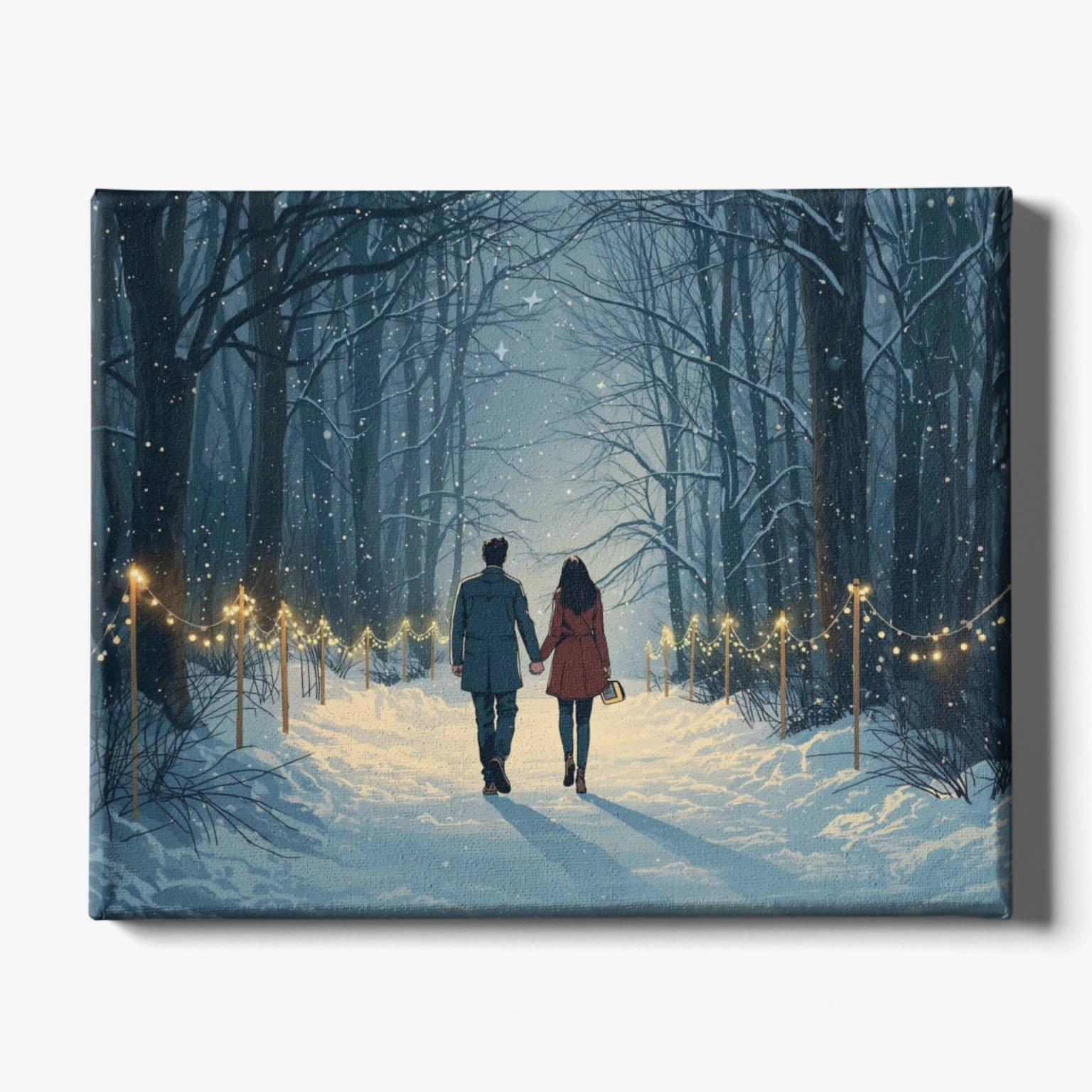 Couple walking through a snowy forest illuminated by string lights
