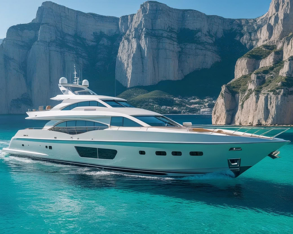 White yacht on clear blue water with rocky cliffs in the background