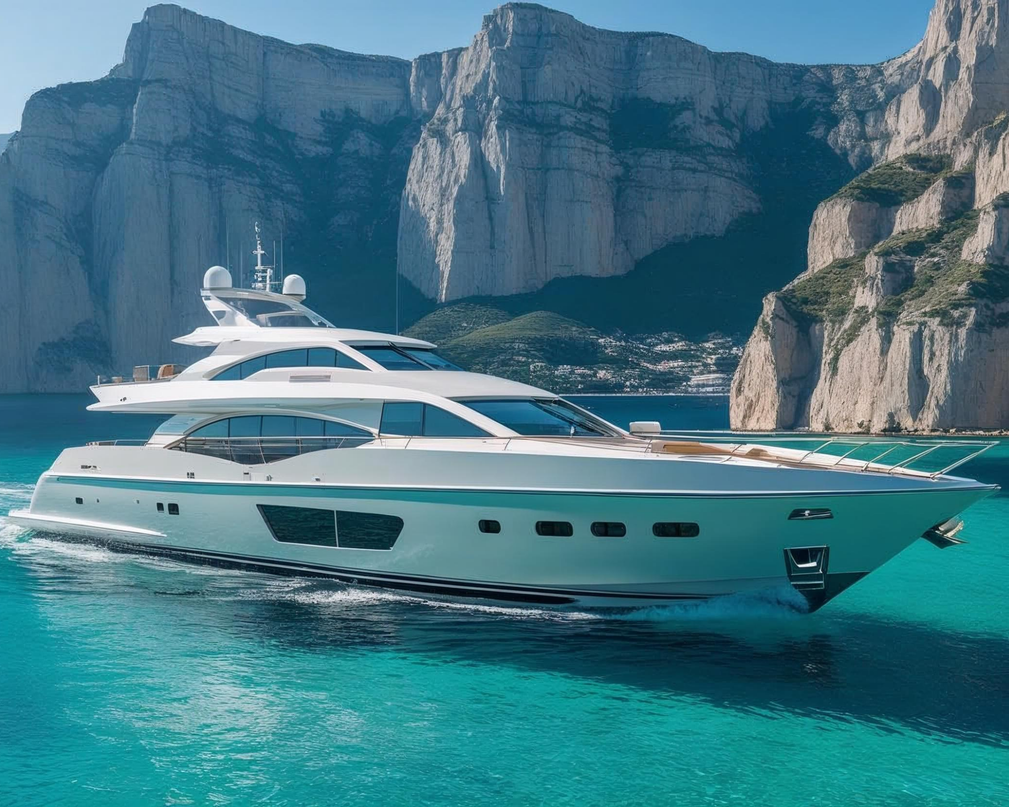 White yacht on clear blue water with rocky cliffs in the background